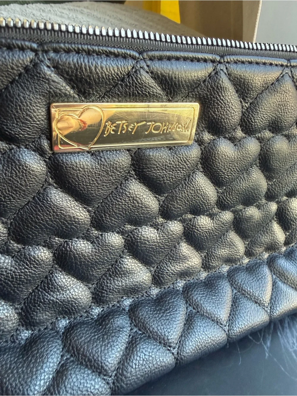 LARGE Betsey Johnson Black Quilted Heart Cosmetic Pouch with Gold Plaque 12”x7”